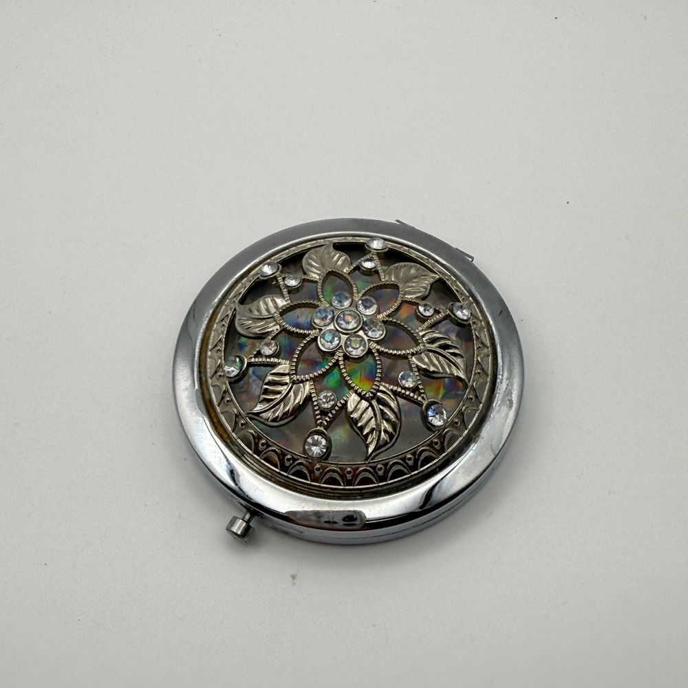 Vintage Style Silver Floral Compact Mirror Rhinestone Abalone Inlay Dual Sided